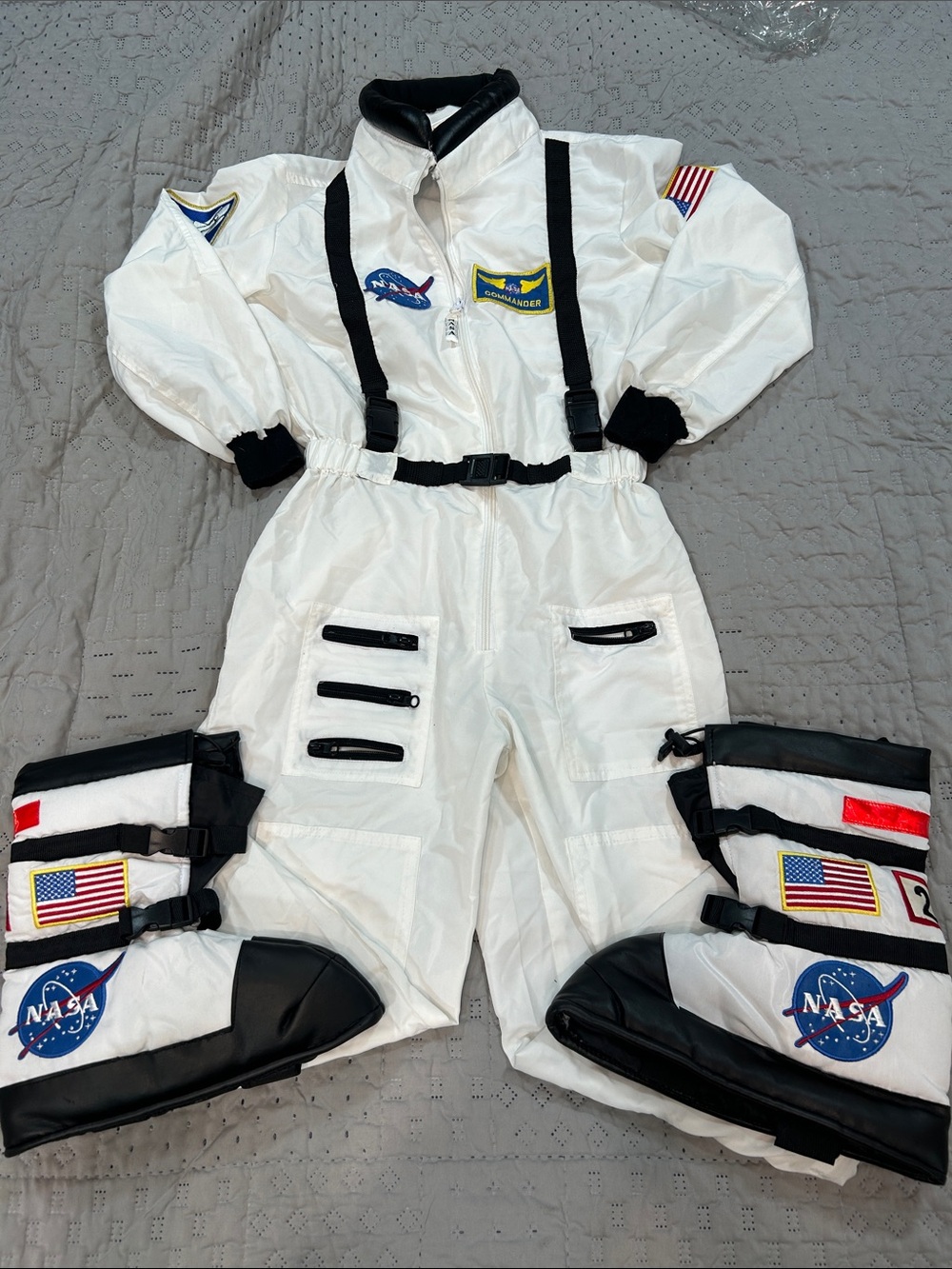 White Kids NASA Astronaut Costume with Patches and boots covers sz 12/14